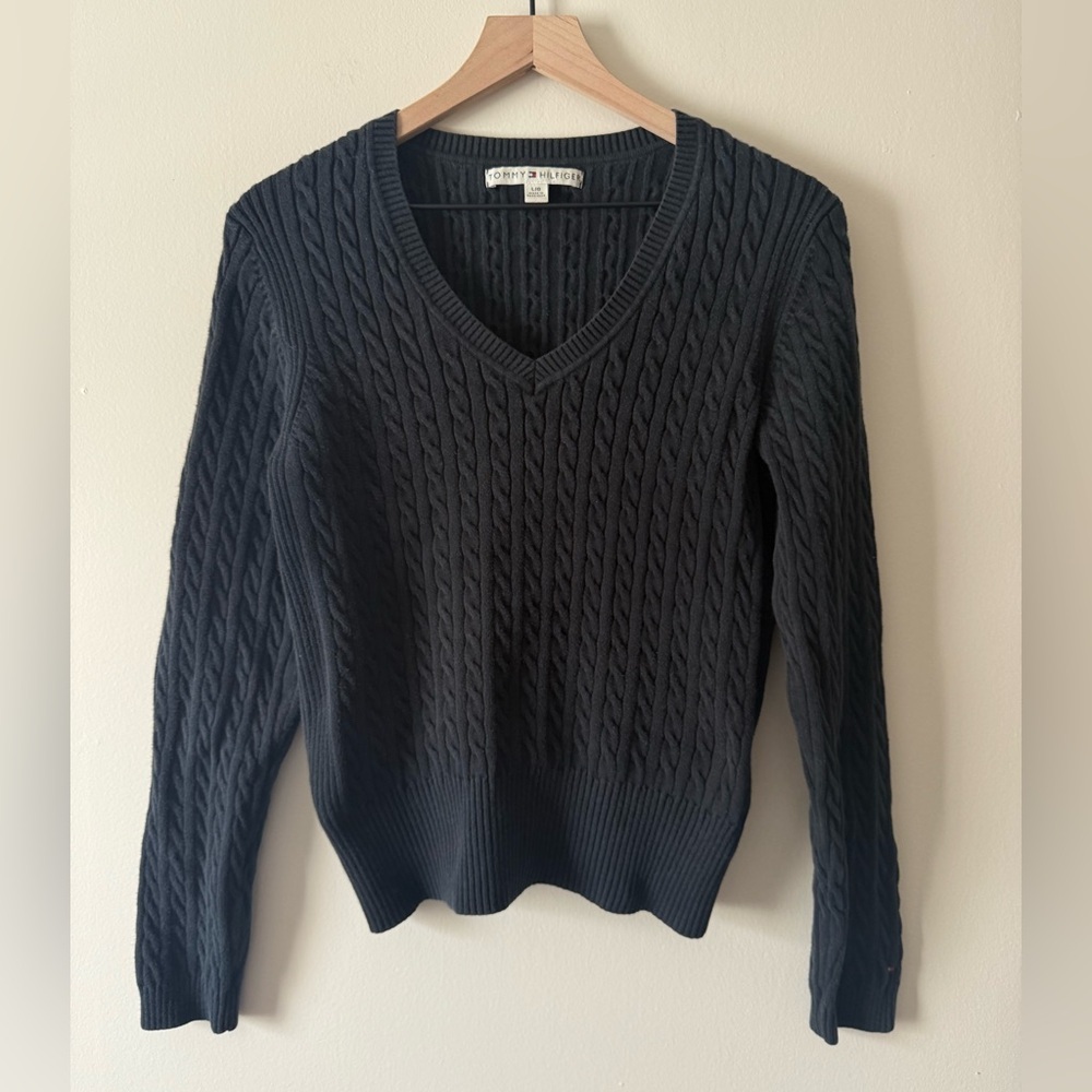 Vintage Tommy Hilfiger Womens Y2K V Neck Sweater Large Black Preppy Old Money